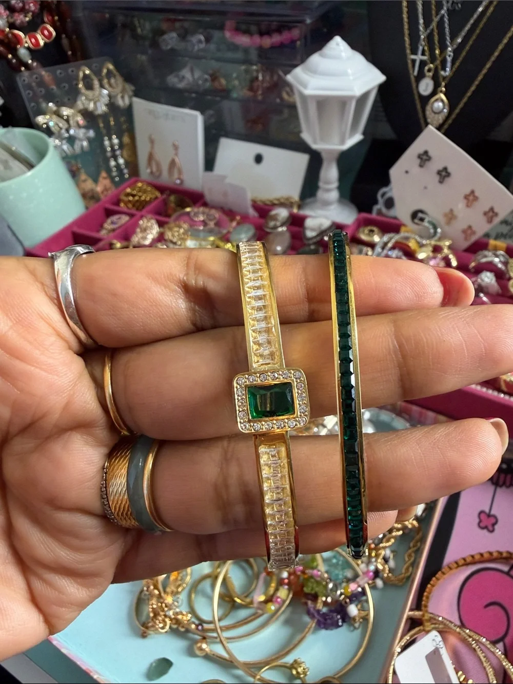 Gold-Plated Green Stone Bangle Bracelet Set